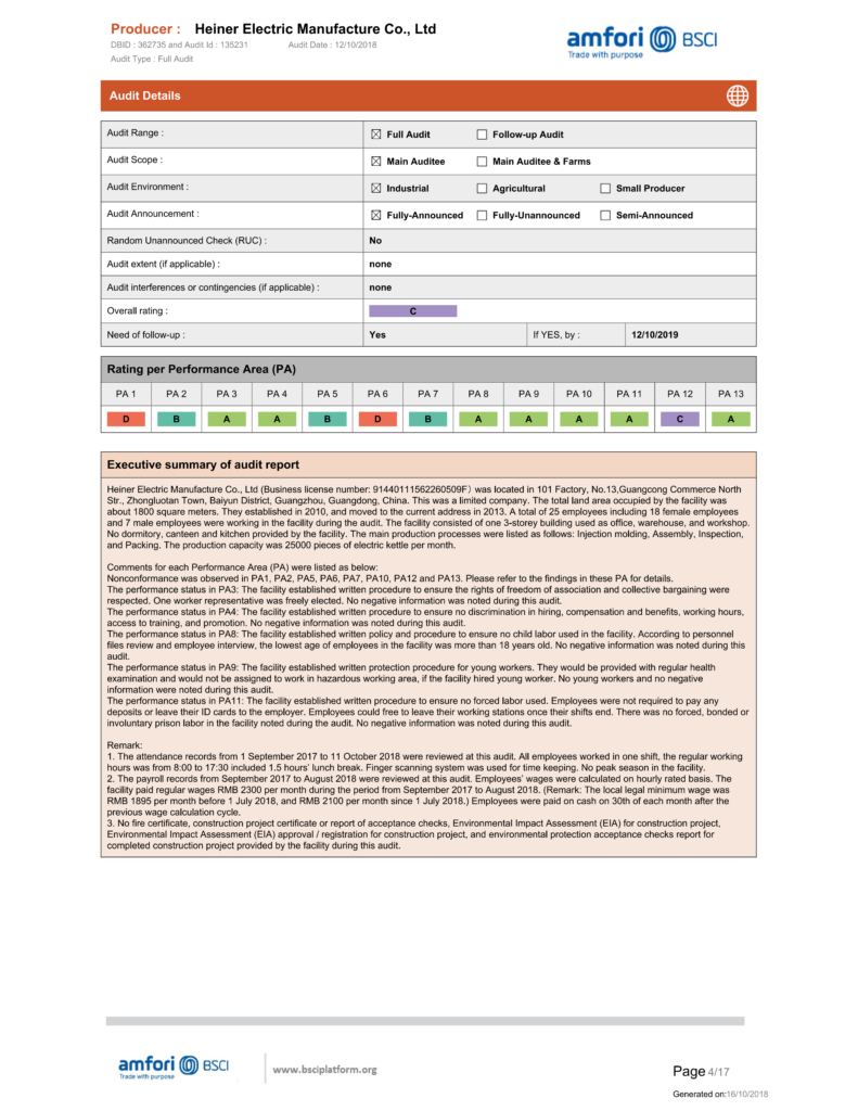 amfori BSCI Full Audit Overall Rating C Acceptable Factory Social Compliance Assessment