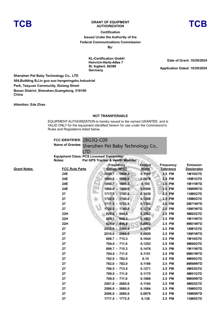 Official FCC Equipment Authorization, GPS Pet Tracking Collar USA Radio Compliance