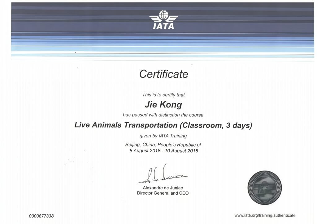 IATA Approved Live Animal Pet Air Carrier Transportation Certificate