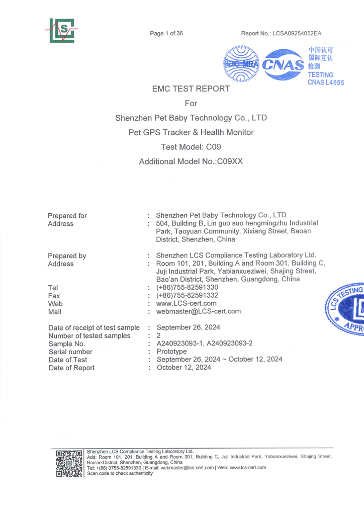 EN EMC Electromagnetic Compatibility Test Report, GPS Pet Tracker EU Standard Testing