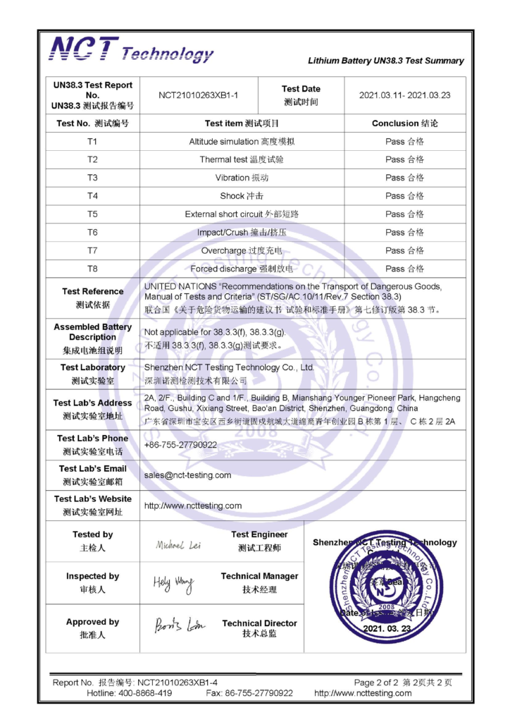 UN38.3 Lithium Battery Safety Test Report, Rechargeable Training Collar