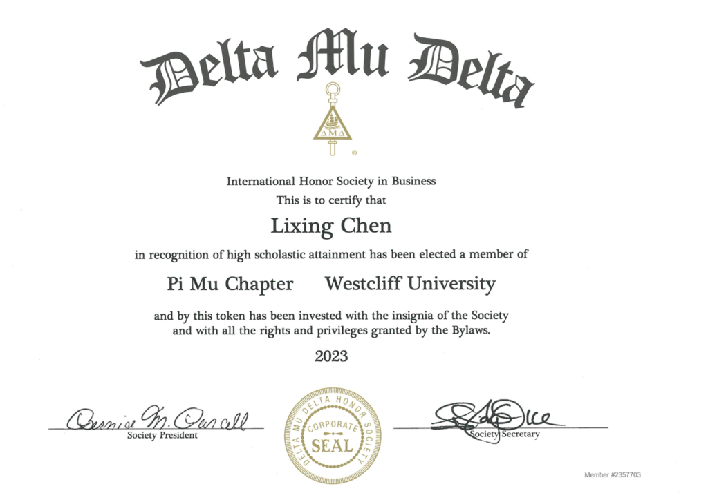 Delta Mu Delta International Business Honor Society Membership Certificate