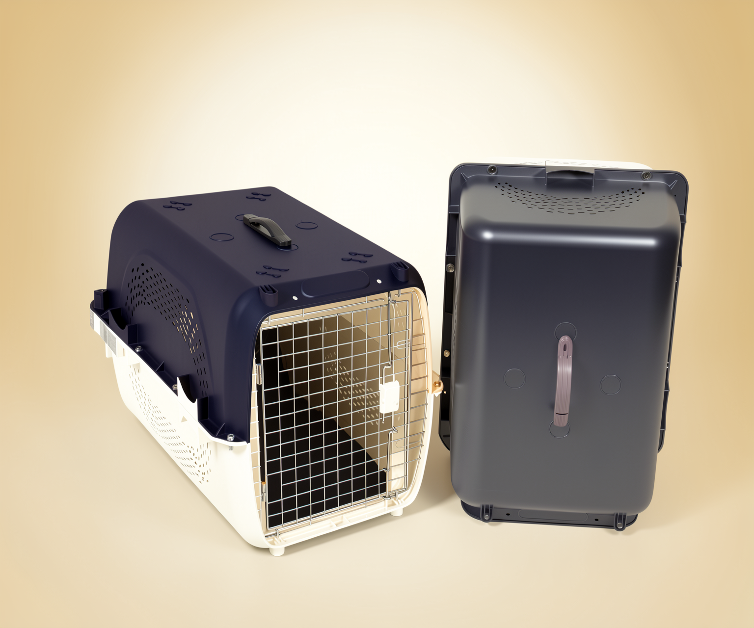 IATA-compliant rigid plastic pet airline crates, front and side view for wholesale distributors