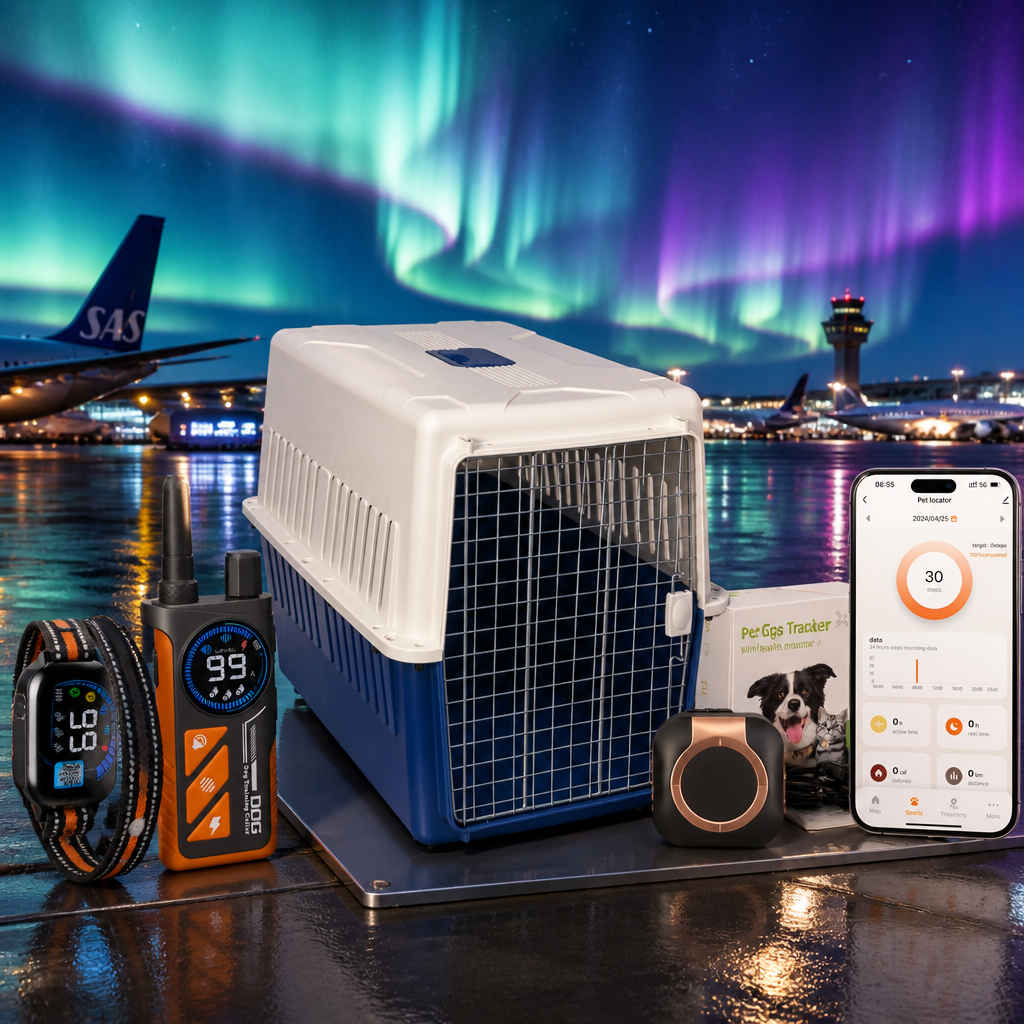Starvey Global full pet travel solutions bundle, including IATA-compliant pet airline crate, 4G GPS pet tracking collar and humane dog training collar, displayed at airport tarmac under aurora night sky