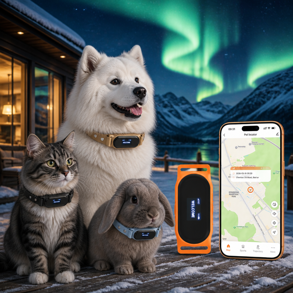4G humane pet GPS collars from Starvey Global, model SG-GPS-CB-C08 and SG-GPS-CB-C08PLUS, worn by a Samoyed dog, cat and rabbit in an aurora winter landscape, with a smartphone displaying real-time pet location tracking app for Latin America wholesale market