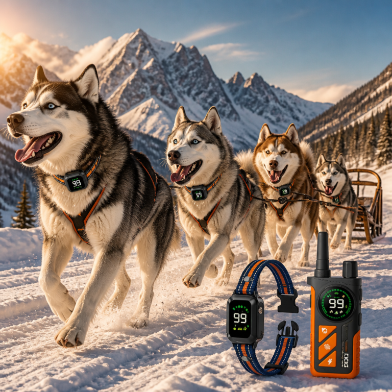 Team of Siberian husky working sled dogs wearing Starvey Global SG-TR-PD511-TIO humane dog training collars on a snowy mountain trail, with remote training transmitter and receiver displayed