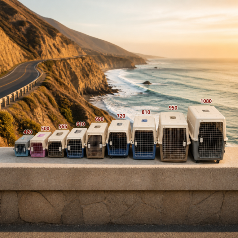 Nine IATA-compliant pet airline crates of increasing sizes lined up on a concrete ledge, with coastal cliffside, ocean highway and golden sunset in the background