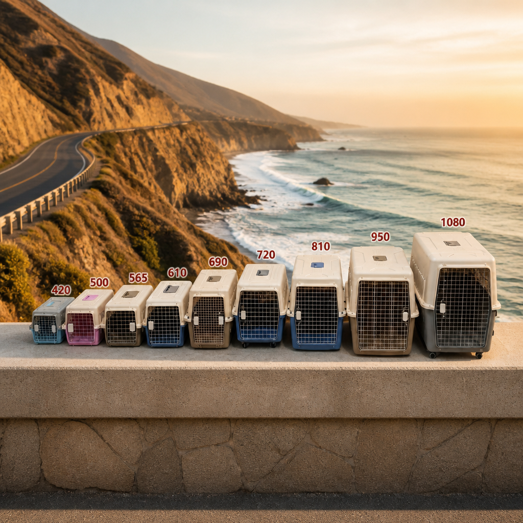 Nine IATA-compliant pet airline crates of increasing sizes lined up on a concrete ledge, with coastal cliffside, ocean highway and golden sunset in the background