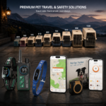Starvey Global full humane pet product lineup: IATA-compliant SG-CR-Series travel crates, 4G GPS pet trackers, and adjustable remote dog training collars, displayed against a mountain dusk landscape with premium pet travel solutions branding.