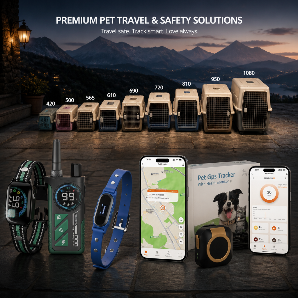 Starvey Global full humane pet product lineup: IATA-compliant SG-CR-Series travel crates, 4G GPS pet trackers, and adjustable remote dog training collars, displayed against a mountain dusk landscape with premium pet travel solutions branding.