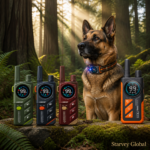 Starvey Global SG-TR-PD509-TIO and SG-TR-PD511-TIO professional working dog training collars, shown with a German Shepherd K9 dog in a sunlit forest, multiple color remote trainers for field obedience, herding and service dog operations