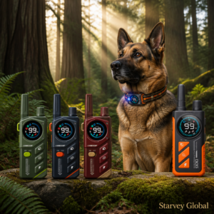 Starvey Global SG-TR-PD509-TIO and SG-TR-PD511-TIO professional working dog training collars, shown with a German Shepherd K9 dog in a sunlit forest, multiple color remote trainers for field obedience, herding and service dog operations