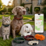 Starvey Global SG-GPS-CB-C08 Series humane pet GPS tracker collars worn by a dog, cat and rabbit, with a smartphone displaying the Tuya app real-time location interface, no-monthly-fee pet location monitor for global wholesale