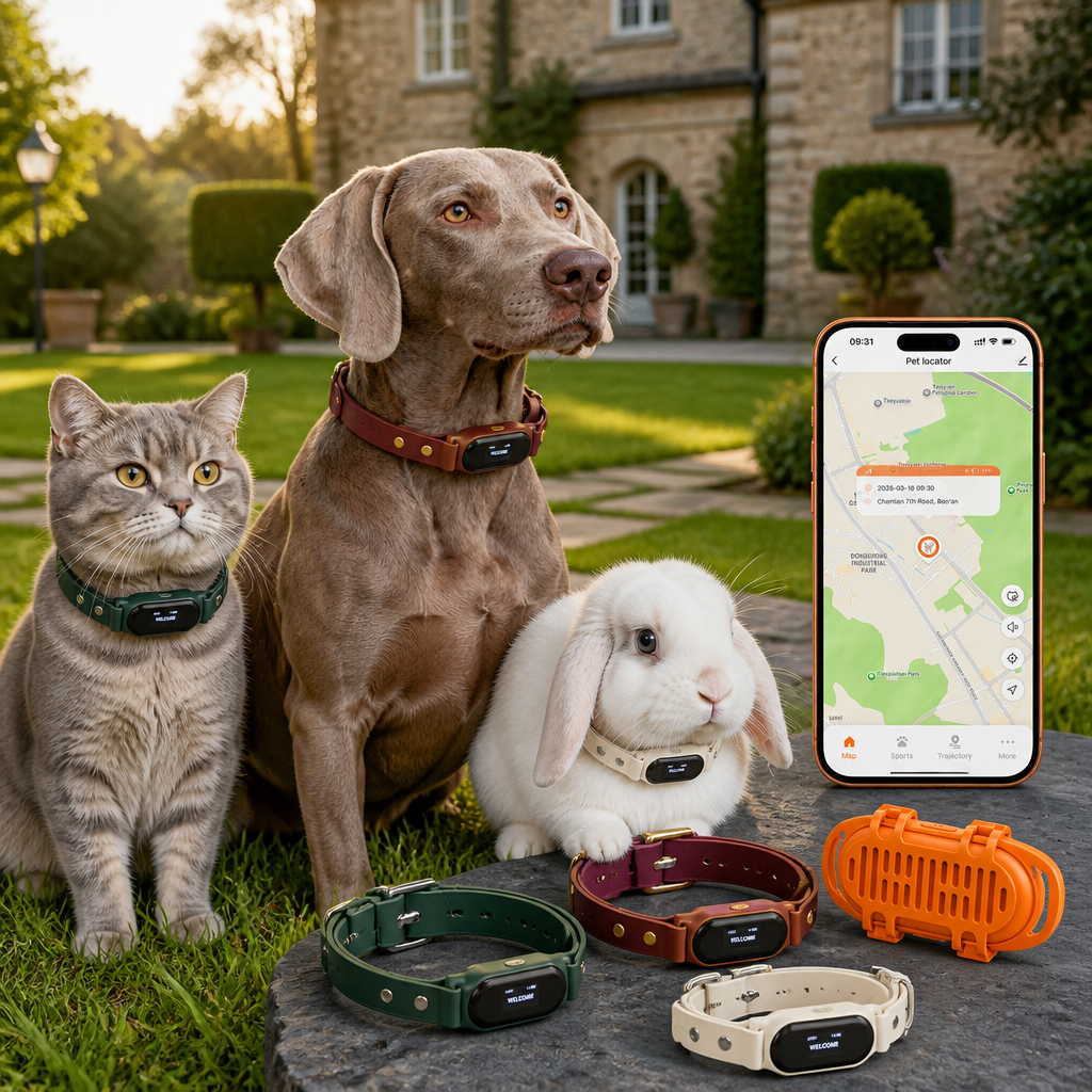 Starvey Global SG-GPS-CB-C08 Series humane pet GPS tracker collars worn by a dog, cat and rabbit, with a smartphone displaying the Tuya app real-time location interface, no-monthly-fee pet location monitor for global wholesale