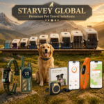 Starvey Global full product portfolio featuring IATA-compliant pet crates, humane dog training collars and 4G pet GPS trackers, displayed with a golden retriever in a mountain landscape for premium pet travel and safety solutions