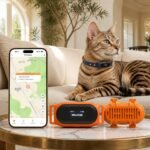 Bengal cat wearing Starvey Global SG-GPS-CB-C08PX 4G pet GPS collar, with smartphone displaying live location tracking and tracker device on marble table